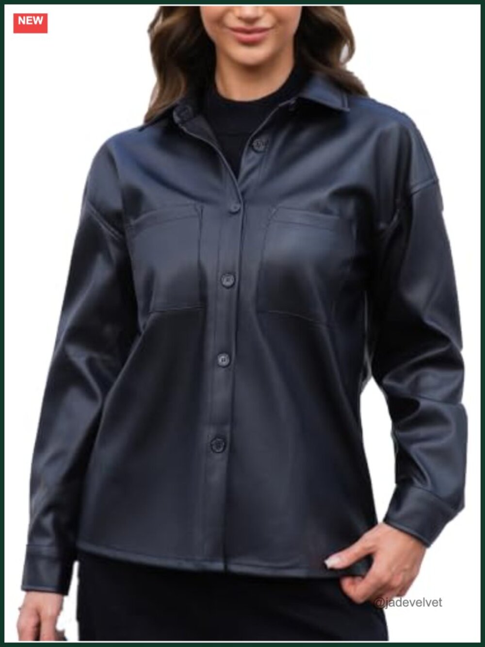 Faux Leather Shirt Jacket Overshirt Button Front Chest Pockets